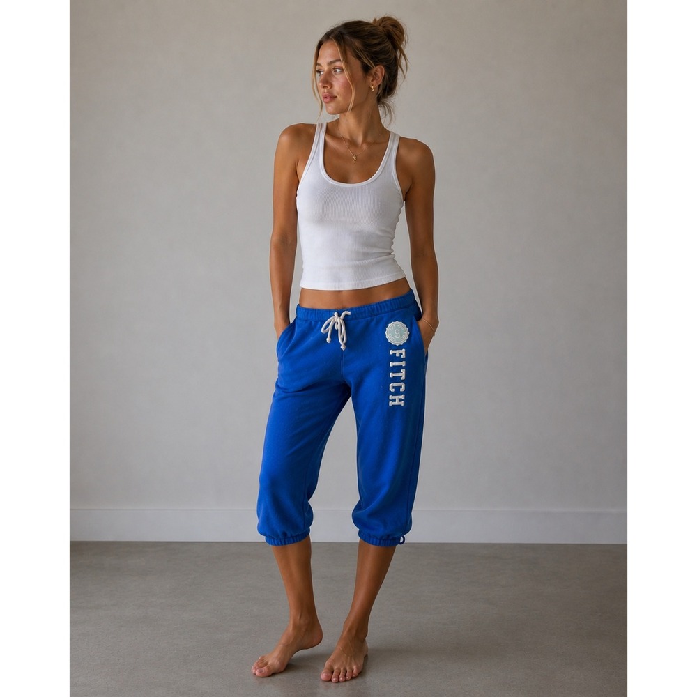 Abercrombie & Fitch Womens Blue Cropped Sweatpants FITCH Graphic Logo Medium Y2K